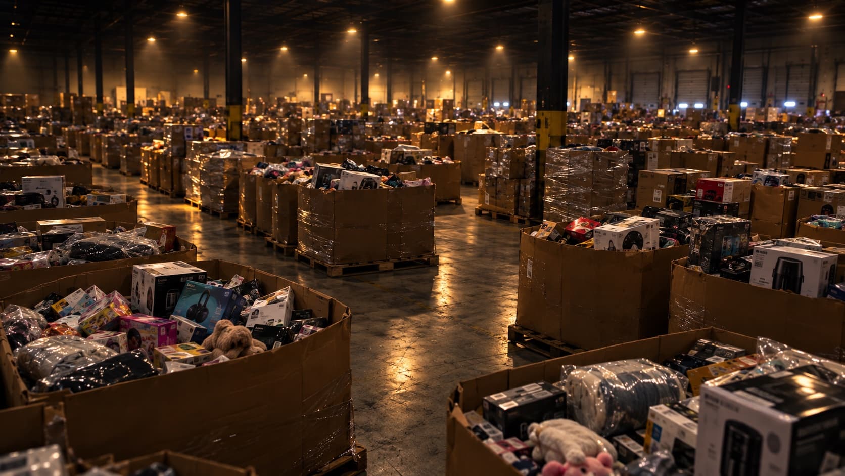 Warehouse aisle lined with wrapped pallets and open bins of mixed liquidation merchandise including electronics, toys and general goods